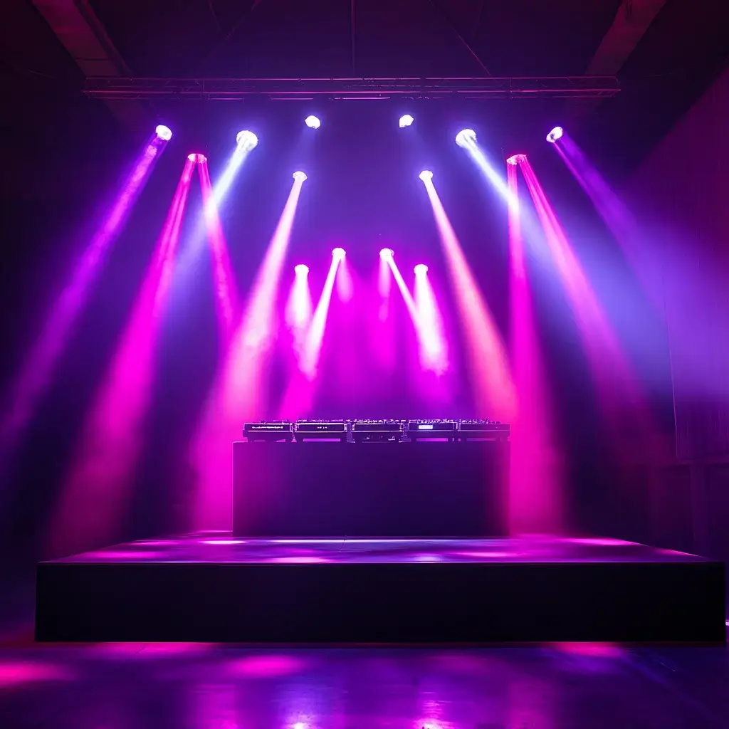 Luces rosas y violetas iluminando un escenario profesional de DJ para eventos en Barcelona