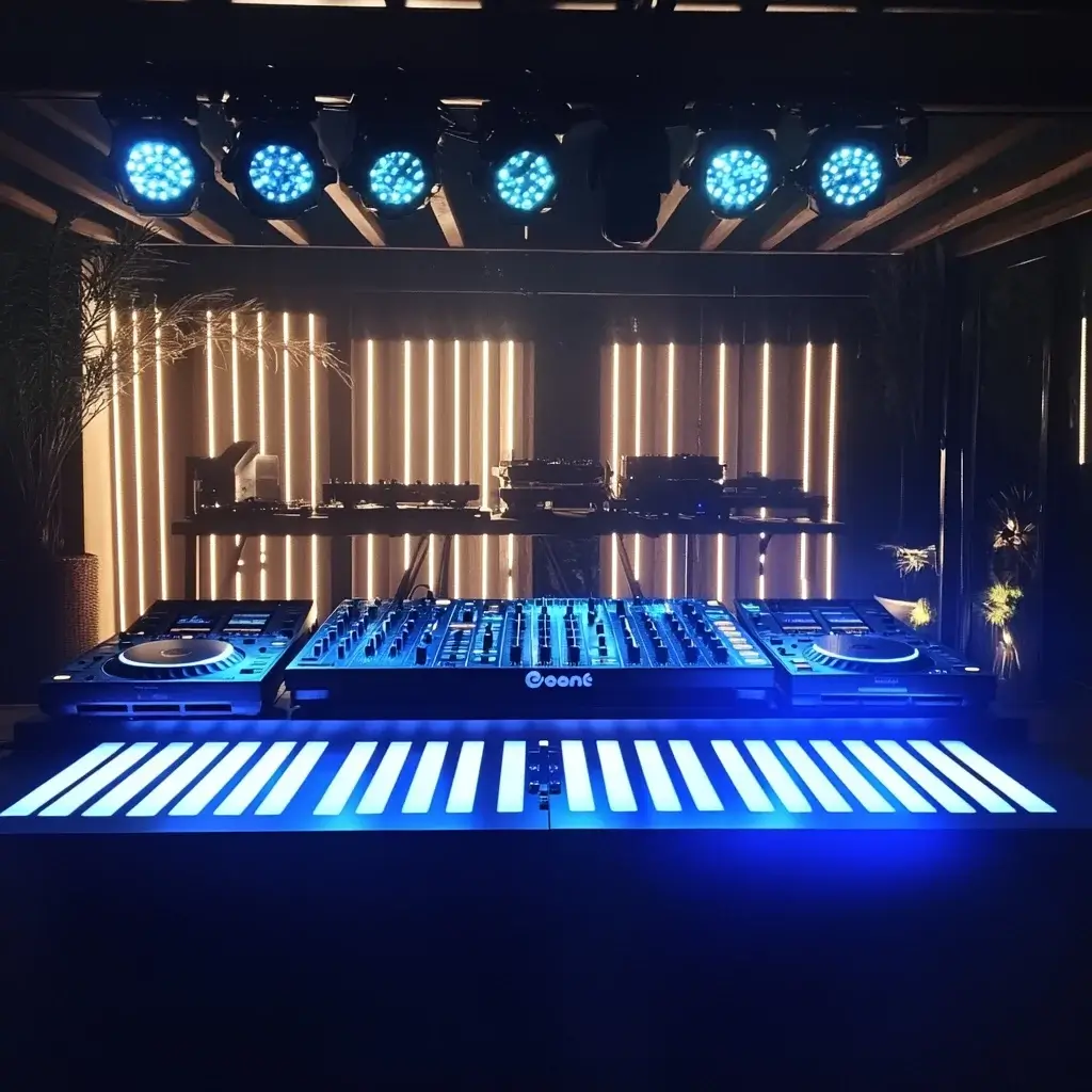 Equipo de DJ profesional con iluminación LED azul para bodas y eventos privados en Barcelona