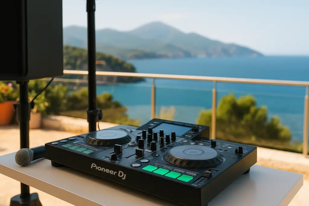 DJ equipment setup for a wedding in Costa Brava with professional sound system
