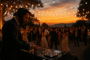 Un DJ profesional mezclando música en una boda elegante al aire libre en Barcelona, con luces cálidas, invitados bailando y una pista llena. Ambientación mágica con atardecer mediterráneo, estilo realista, enfoque cinematográfico, sonido envolvente visual.