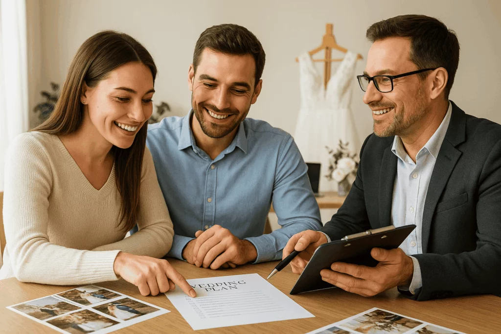 Una pareja reunida con un proveedor de bodas (DJ, fotógrafo o wedding planner) en una mesa elegante, tomando decisiones juntos con sonrisas, papeles y portátil abierto. Estilo luminoso, ambiente profesional pero cercano, decoración nupcial ligera, estilo realista cinematográfico.