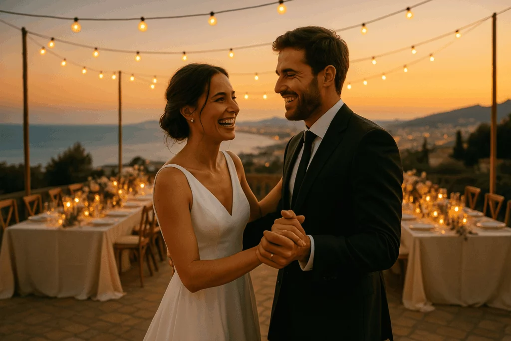 Una pareja sonriente bailando en una pista de boda al aire libre al atardecer en Barcelona, con vistas al mar y luces cálidas colgantes, estilo cinematográfico, fondo con mesas decoradas y ambiente festivo elegante — en formato vertical, tonos dorados y mediterráneos